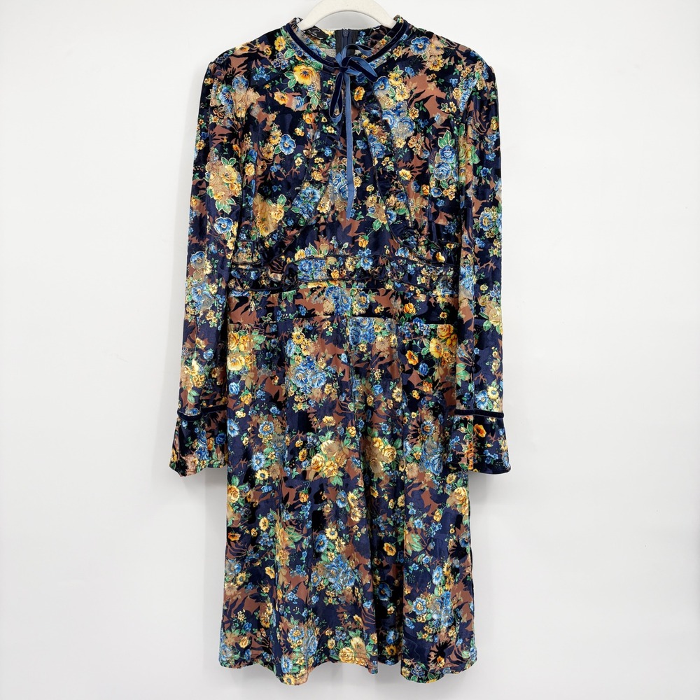 NWT Dalia MacPhee Womens Blue Floral Velvet Boho Romantic Bell Sleeve Dress L